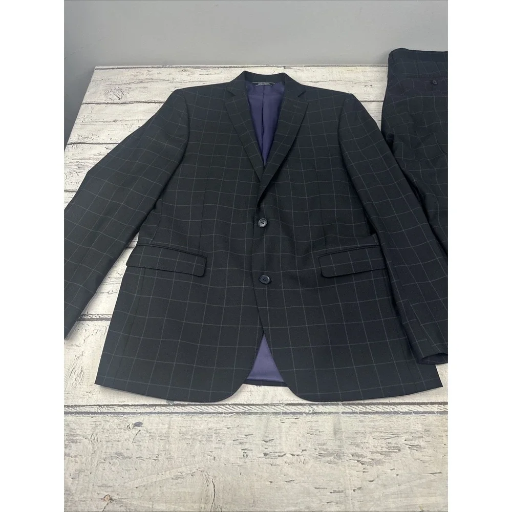 RED Saks Fifth Avenue 2-Piece Blue Suit Mens 40L Pants 35x33.5 Box Print